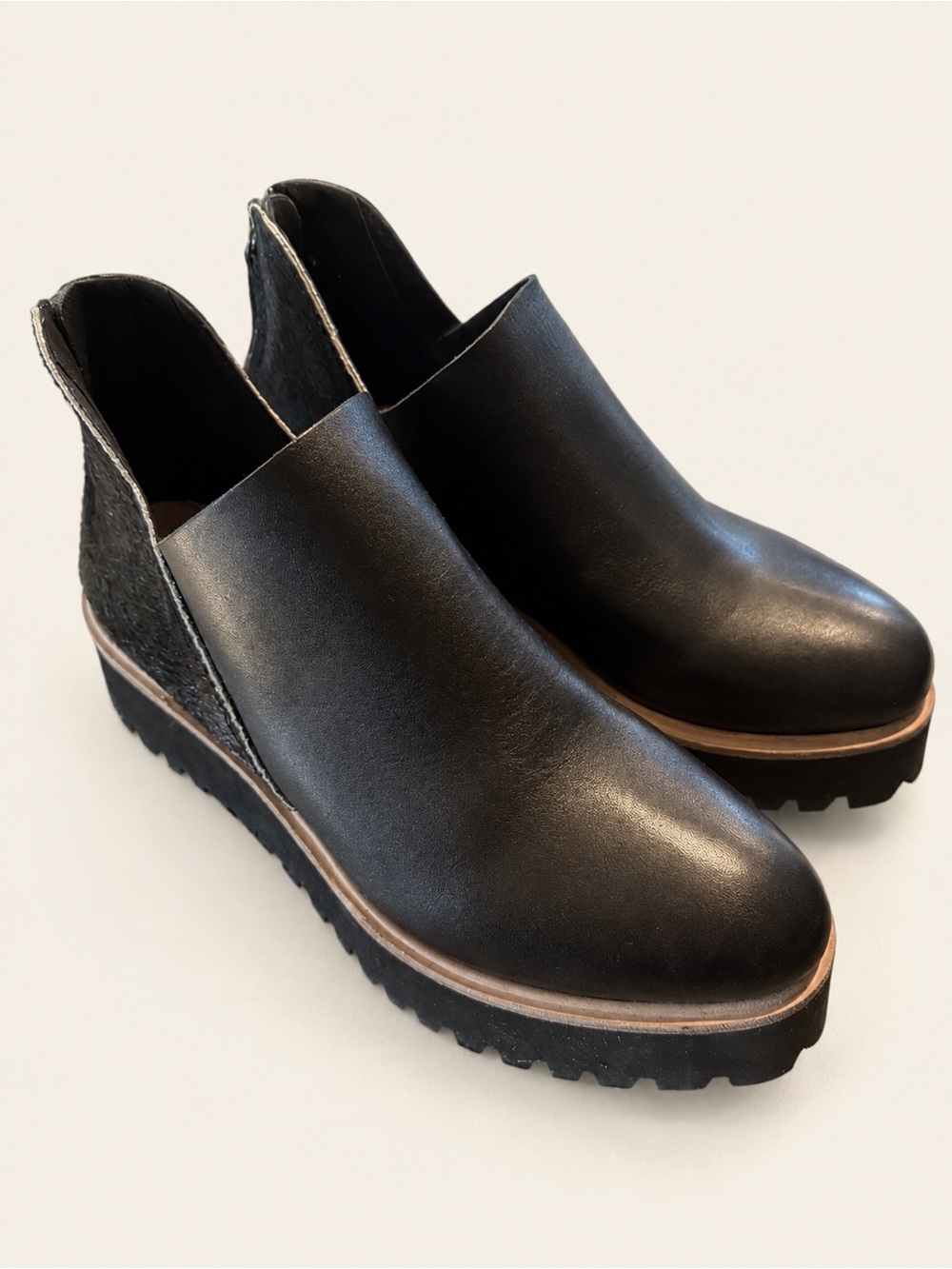 ALL BLACK Black Leather Calf Hair Wedge Booties Size 38.5